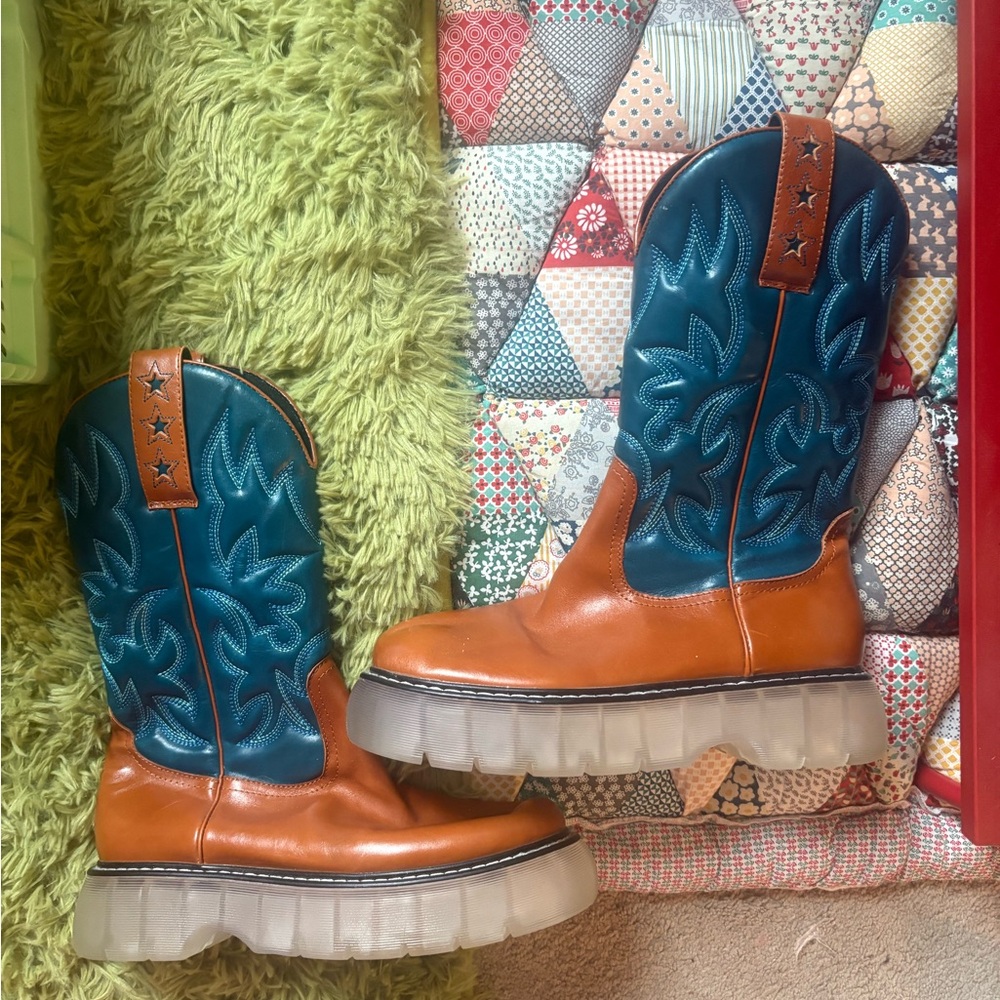 Jeffrey Campbell Rare Platform Cowboy Western Boots in Blue and Tan